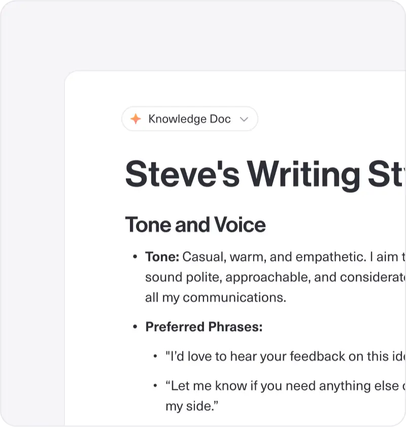A knowledge document titled "Steve's Writing Style," detailing tone, voice, and preferred phrases.
