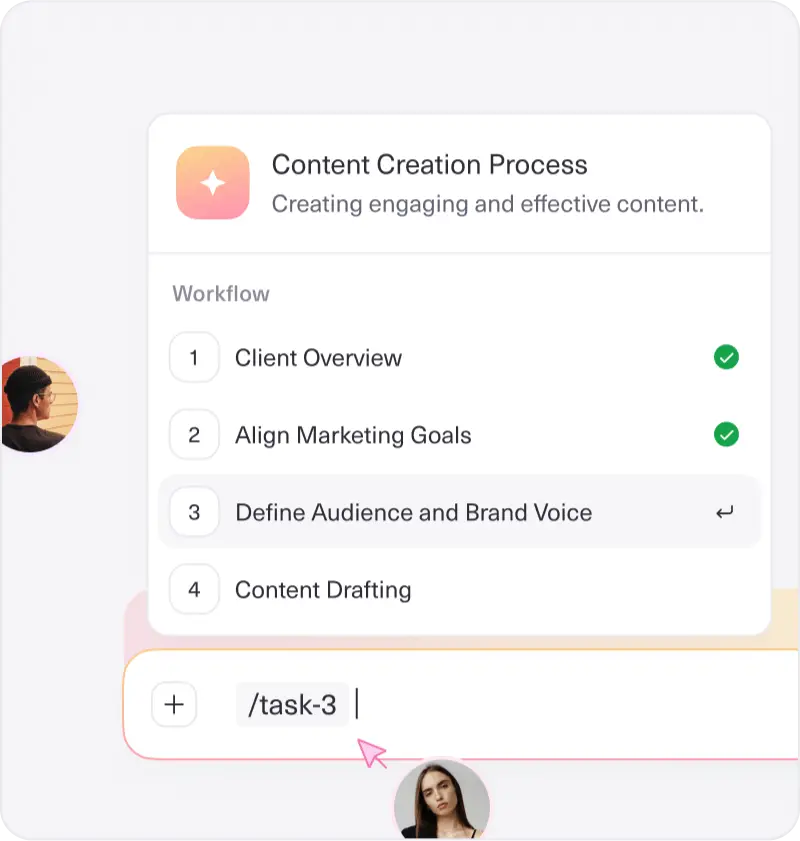 Content Creation Process workflow showing steps like Client Overview and Align Marketing Goals.