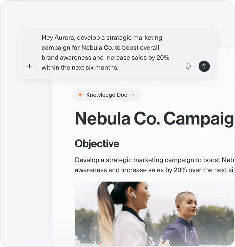 Prompt for a marketing campaign strategy, showing a "Nebula Co. Campaign" document with objectives.