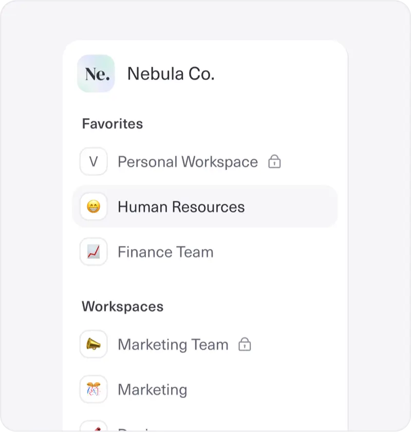 Nebula Co. workspace menu showing favorites and team workspaces like HR, Finance, and Marketing.