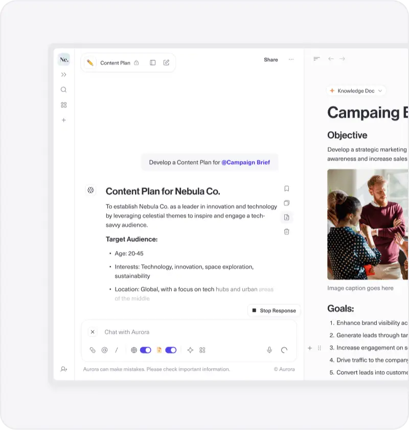 Content plan for Nebula Co. displayed, with audience details and campaign brief on a split screen.