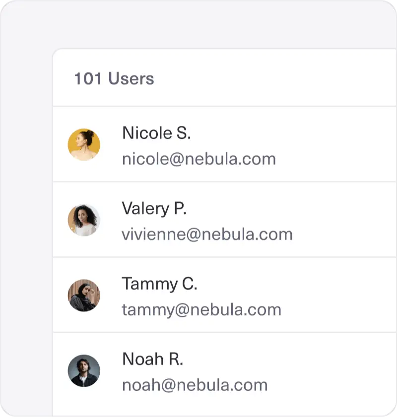 A user list showing 101 users with names, profile pictures, and emails in a clean interface.