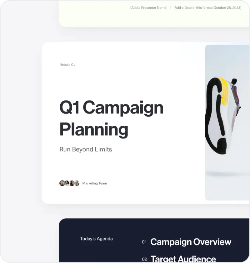 Q1 Campaign Planning by Nebula Co., featuring a shoe design and agenda for marketing goals.