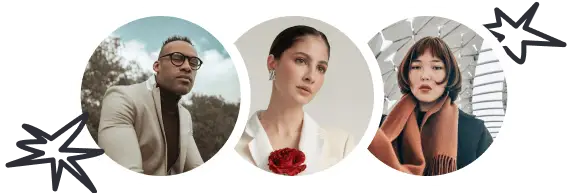 Three diverse professionals in formal attire, framed in circles with decorative star accents.