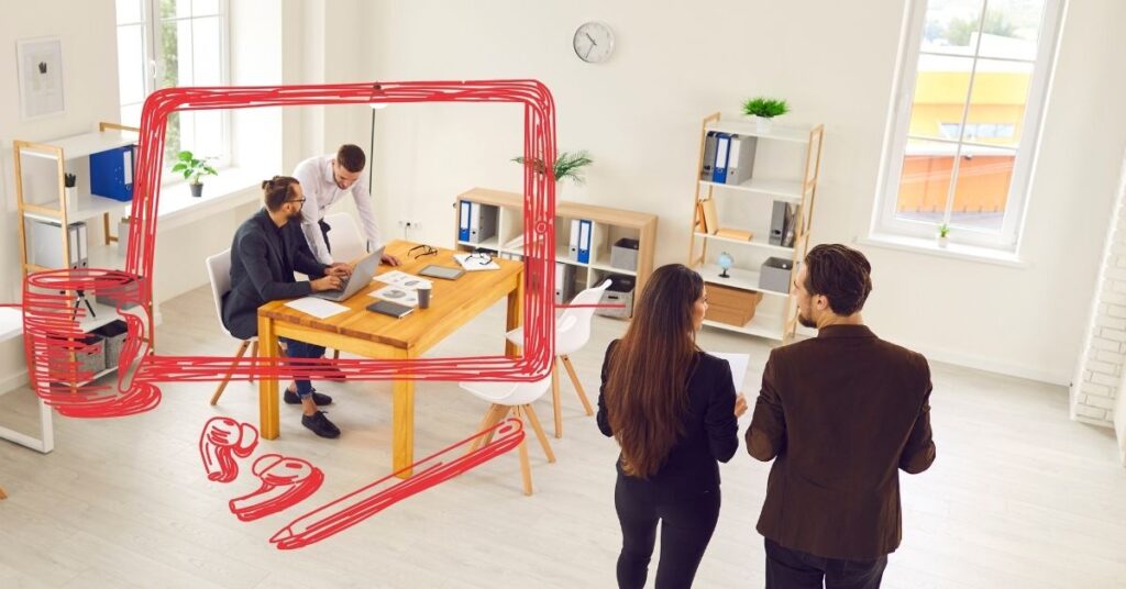 Modern office team collaborating on AI agency solutions with digital overlay