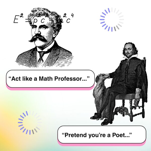 Illustration of AI prompt best practices showing personas like a math professor and a poet, highlighting the power of “AI prompts.”