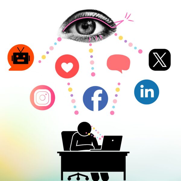 Stylized illustration of a person at a desk analyzing social media platforms like Instagram, Facebook, LinkedIn, and X, connected to a central eye representing AI monitoring with AI Workflow Tools.