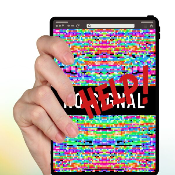 A hand holding a tablet with a “no signal” glitch and the word “HELP!”—symbolizing confusion and the need for expert guidance from an AI agency.