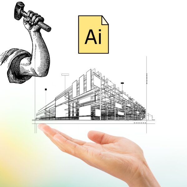 A hand holds a blueprint of a modern building, with a strong arm holding a hammer and an AI icon above—symbolizing how strategy, data, and partnership power How to Do a Competitor Analysis Pitch Deck.