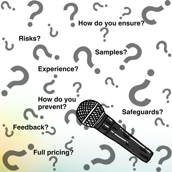 Microphone surrounded by question marks and words like “Experience?”, “Safeguards?”, and “How do you ensure?”—visualizing key questions to ask your AI agency.