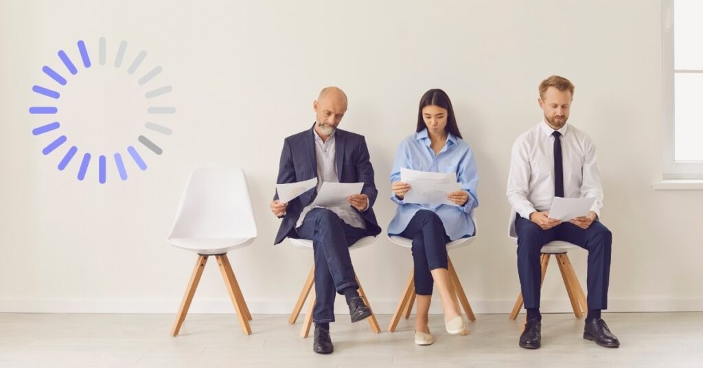 Three candidates seated in a waiting room reviewing resumes, with a digital loading icon representing the use of AI for recruitment agencies to streamline hiring processes.
