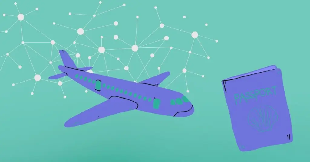 Illustration of a purple airplane flying across a connected network of white nodes, alongside a purple passport, symbolizing how AI enhances travel planning, personalization, and automation for modern travel agencies.