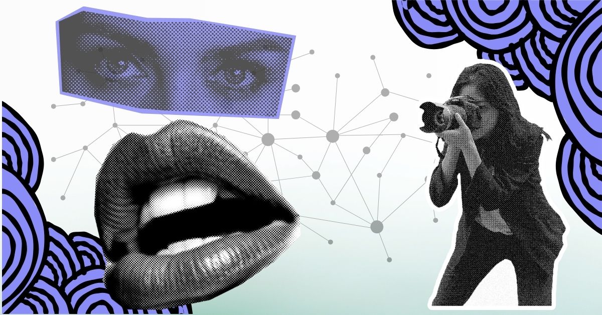 Pop-art style collage featuring a photographer, illustrated lips, eyes, and neural network lines—symbolizing the intersection of human creativity and AI for creative agencies.