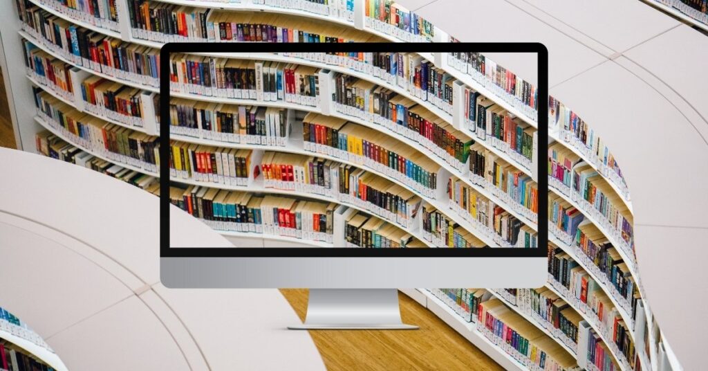 Computer screen in front of a modern library, symbolizing the vast knowledge accessible through AI prompts.