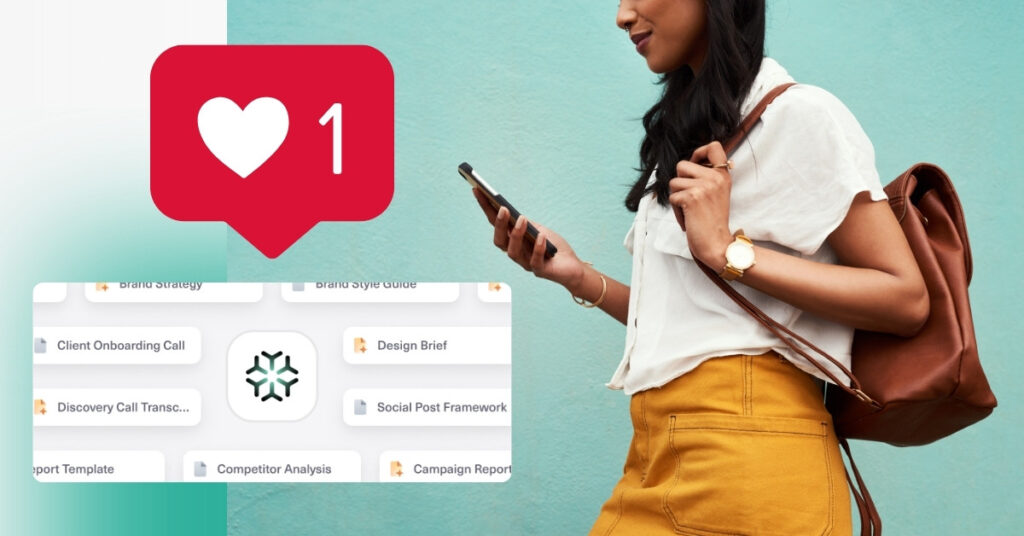 Woman using AI workflow tools on mobile for social media strategy.