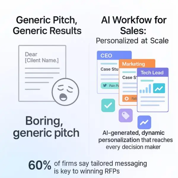 Infographic comparing a generic sales pitch with an AI-personalized proposal. The left shows a boring message with a sad emoji and placeholder text, while the right shows three customized proposals for different decision-makers (CEO, Marketing, Tech Lead) with tags for case studies, pain points, and personalized messaging — all generated through an AI Workflow for Sales.
