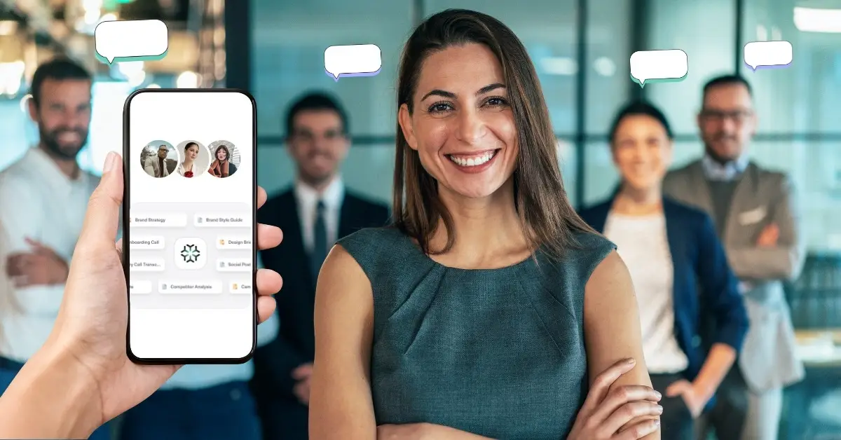Businesswoman smiling in office with smartphone screen displaying AI tools for work and team collaboration interface.