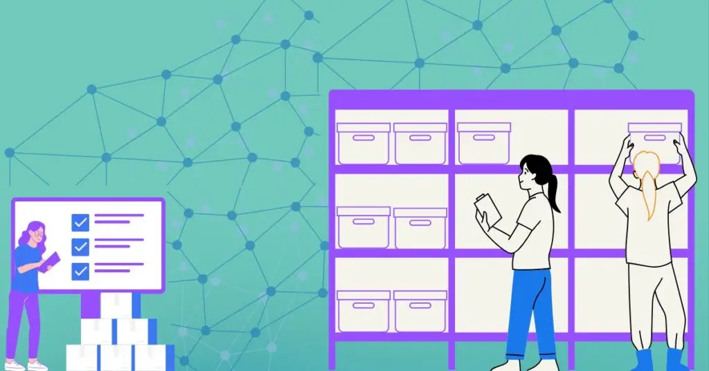 Illustration of small business team organizing inventory with digital tools, symbolizing AI-driven efficiency and task automation.