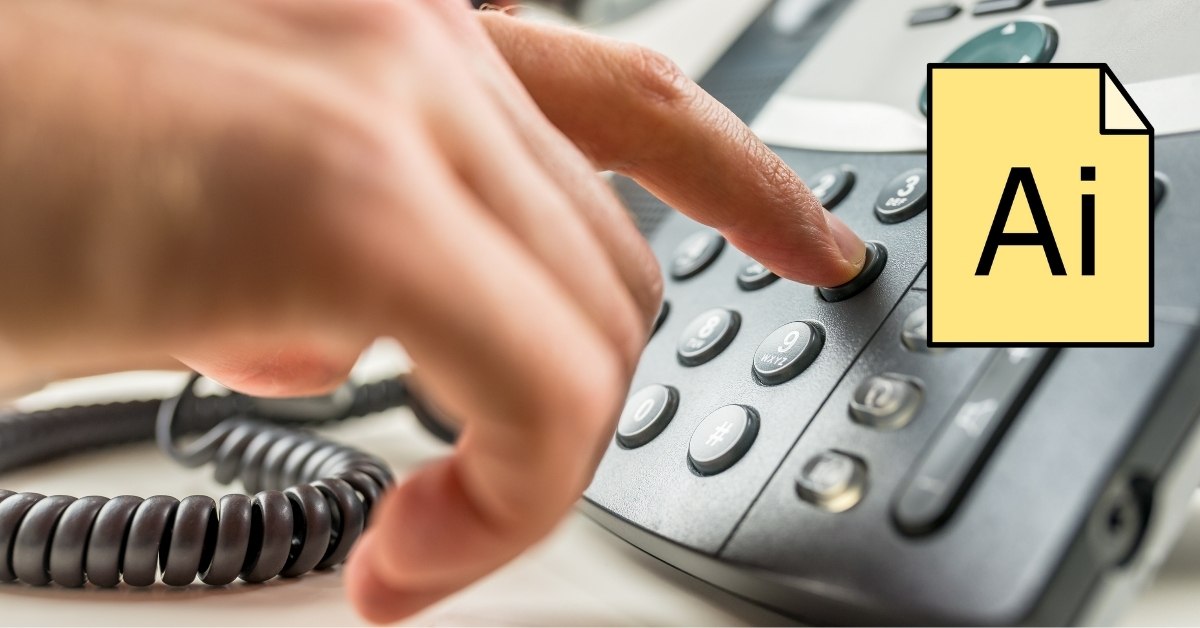 Hand dialing a business desk phone with an AI document icon overlay, symbolizing AI for Business Development.