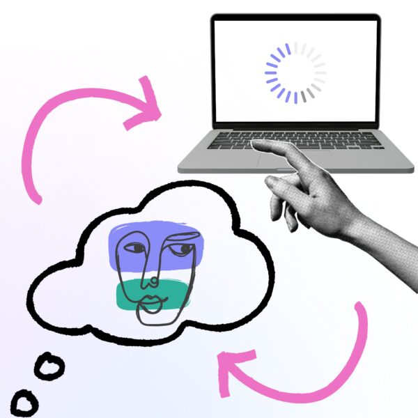 Best AI for Art Creation concept—hand reaching from a thought bubble with abstract face art toward a laptop, symbolizing the transformation of imagination into digital art.