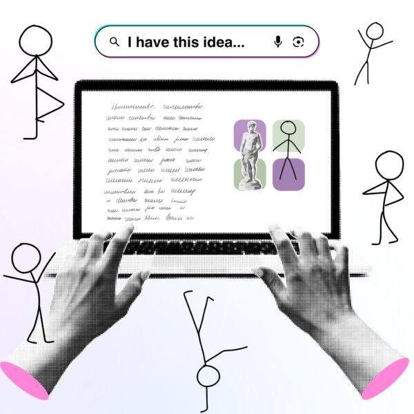 Hands typing on a laptop surrounded by stick figures, with a search bar reading “I have this idea...” and digital sketches on the screen—showcasing the accessibility of the Best AI for Art Creation tools for beginners.
