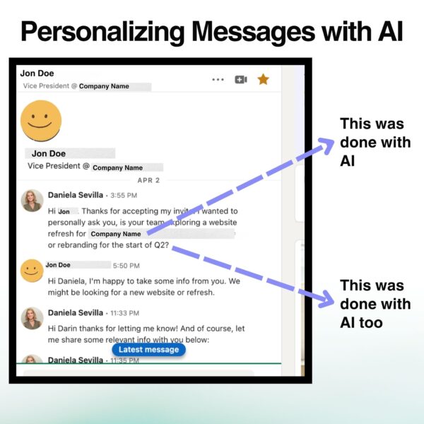 AI-personalized LinkedIn message exchange showing how to use AI to get clients through tailored outreach conversations.