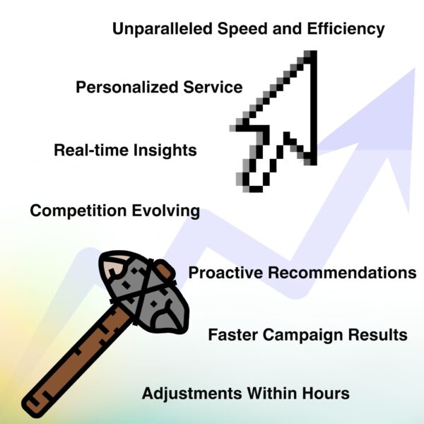 Illustration showing the evolving demands on modern agencies with keywords like personalized service, real-time insights, and AI efficiency.