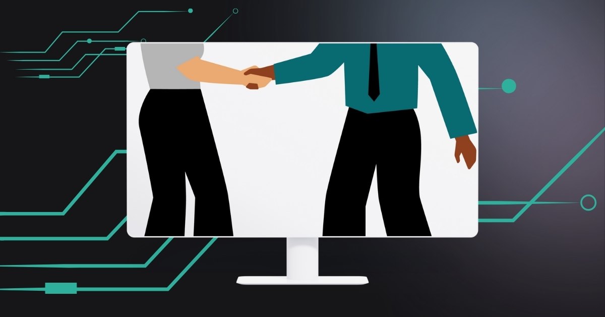 Illustration of two business professionals shaking hands through a computer screen, symbolizing how AI enables digital client acquisition and relationship-building through smart automation and virtual tools.