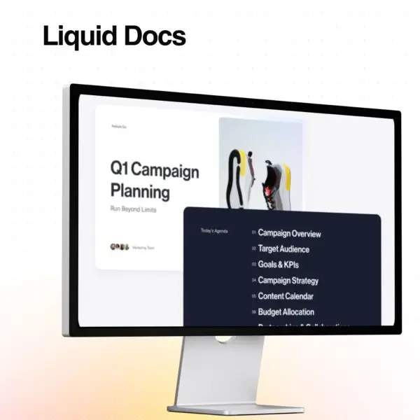 A computer screen displaying a campaign planning deck created using Aurora Liquid Docs, showing a clean title slide and an organized agenda with items like campaign strategy, KPIs, and content calendar — representing the AI Deck Builder’s ability to turn raw ideas into structured, professional presentations.