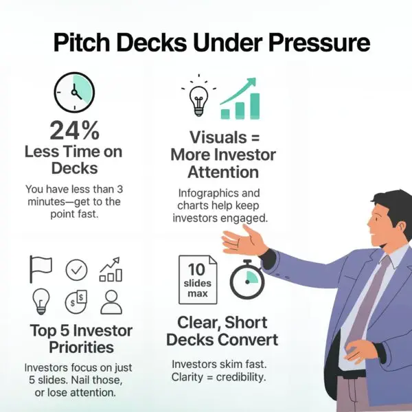 Infographic showing key investor insights for effective AI pitch decks: less time on deck review, importance of visuals, top five slides investors focus on, and why short, clear decks convert best.