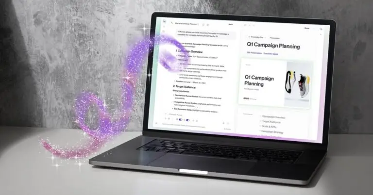 A laptop displays an AI-generated pitch deck with a side-by-side view of raw campaign planning notes transforming into a polished presentation, enhanced by a swirl of sparkly, magical light symbolizing the AI automation process.
