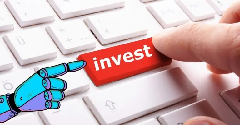 A robotic hand and a human finger pressing a red “invest” key on a keyboard, symbolizing collaboration between AI and humans in investment decisions.