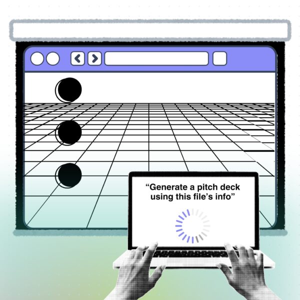 Hands using a laptop to generate a pitch deck with gamma ai, showing automated presentation creation on screen.