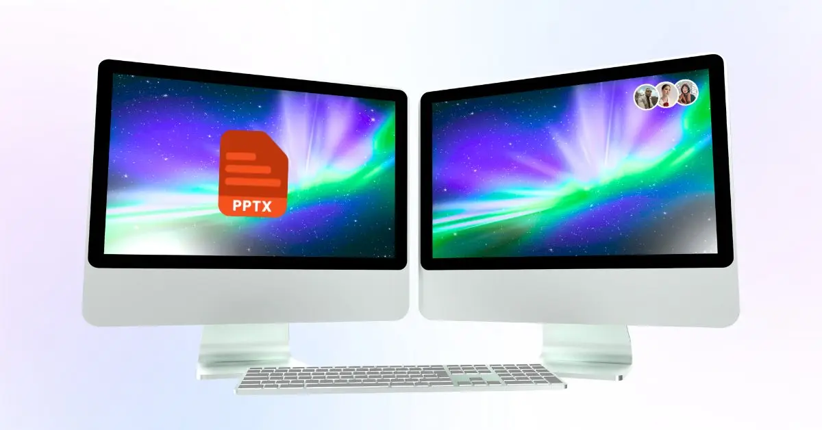 Two computer monitors with aurora backgrounds, representing collaboration and presentation creation with Plus AI for PowerPoint.