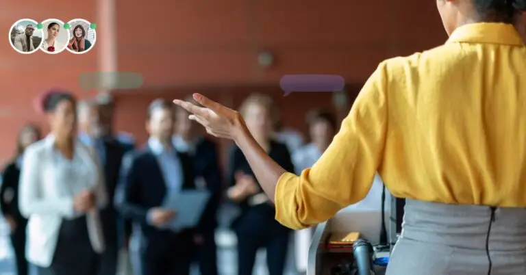 Businesswoman presenting to a blurred audience, with digital avatars and speech bubbles suggesting AI-enhanced PowerPoint support.