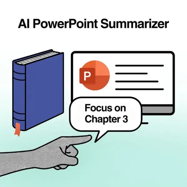 A book, a PowerPoint screen, and a speech bubble that says “Focus on Chapter 3,” illustrating how an AI PowerPoint Summarizer allows users to condense specific content into slide format.