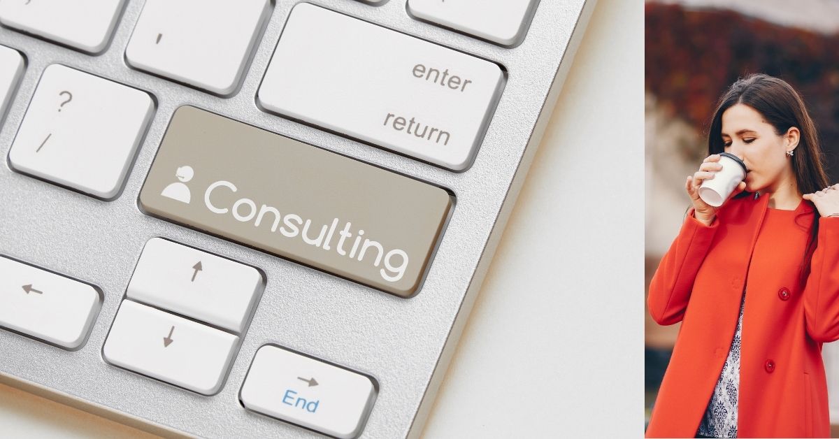 Woman sipping coffee beside a keyboard with a golden “Consulting” key, symbolizing the rise of AI tools for consultants.