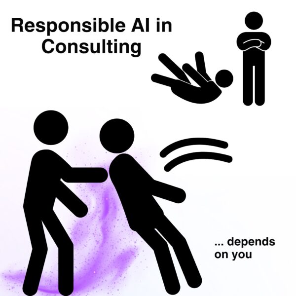 Two stick figures demonstrate trust and responsibility, symbolizing ethical use of AI tools for consultants.