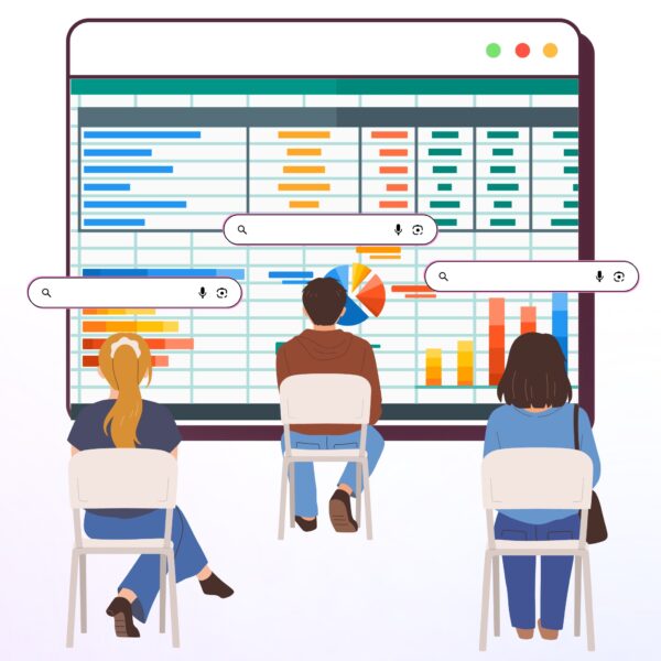 Students analyzing data charts on a giant screen with AI-powered search bars, representing how ChatGPT Plus for Students enhances research and study.