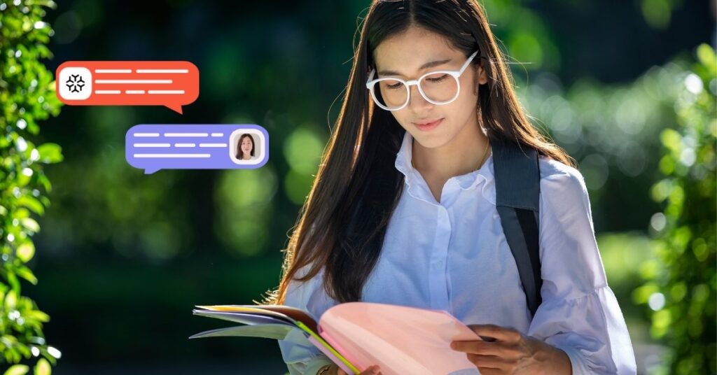 A student with glasses studies outdoors while AI chat bubbles illustrate how ChatGPT Plus for Students supports learning in real time.