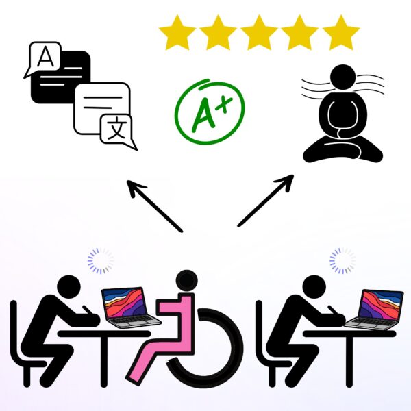 Illustration showing diverse students using laptops, supported by AI to achieve better grades, reduce stress, and improve accessibility—representing the impact of ChatGPT Plus for Students.