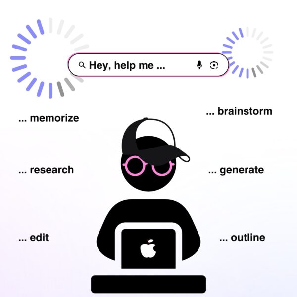 Illustration of a student using a laptop with tasks like brainstorm, research, and edit surrounding them—highlighting ChatGPT Plus for Students features.