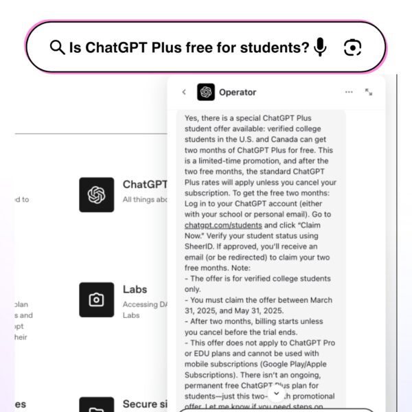 Screenshot of a ChatGPT support reply confirming a limited-time student offer for two free months of ChatGPT Plus for verified U.S. and Canadian college students.