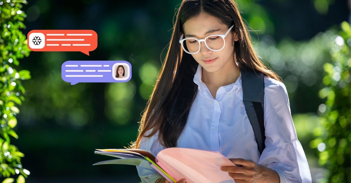 A student with glasses studies outdoors while AI chat bubbles illustrate how ChatGPT Plus for Students supports learning in real time.