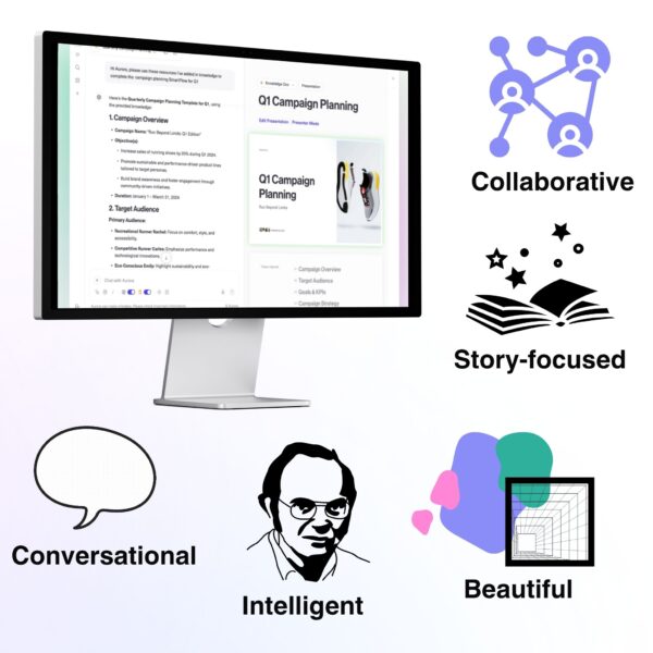 Aurora Slides interface with icons highlighting collaborative, conversational, intelligent, beautiful, and story-focused features—streamlining pitch deck vs executive summary creation.