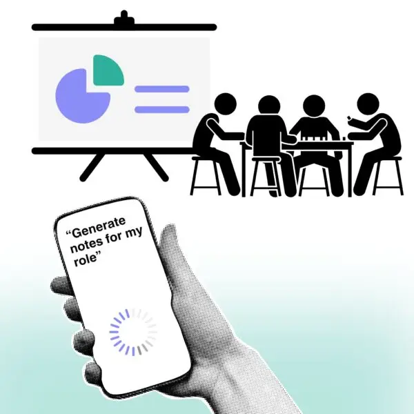 A team watches a PowerPoint presentation while a hand holds a phone with the prompt “Generate notes for my role,” illustrating how Powerpoint to Notes AI delivers personalized summaries.