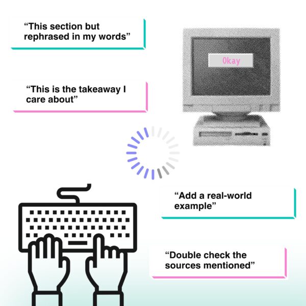 Illustration showing human input enhancing AI-generated notes, emphasizing the collaborative relationship between users and Powerpoint to Notes AI tools.