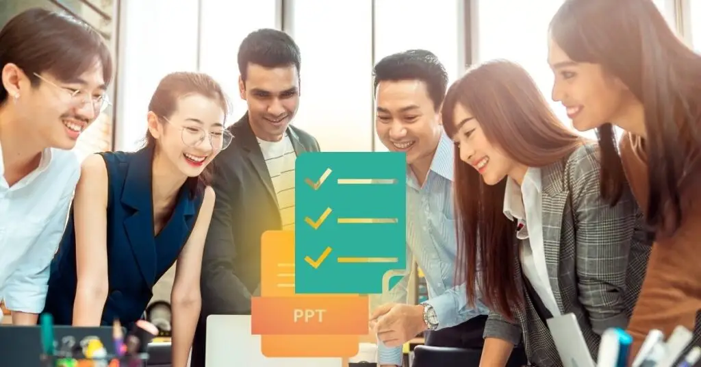 Diverse team of professionals smiling and collaborating around a laptop, with a digital checklist and PPT icon symbolizing the use of an AI PowerPoint Summarizer for content planning.