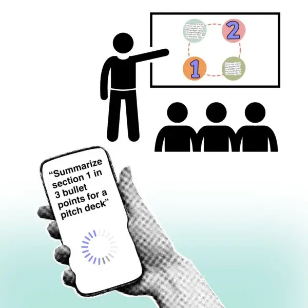 A hand holds a phone displaying an AI prompt for summarizing text, while a presenter explains a slide to an audience—illustrating how AI transforms manuscripts into presentations.