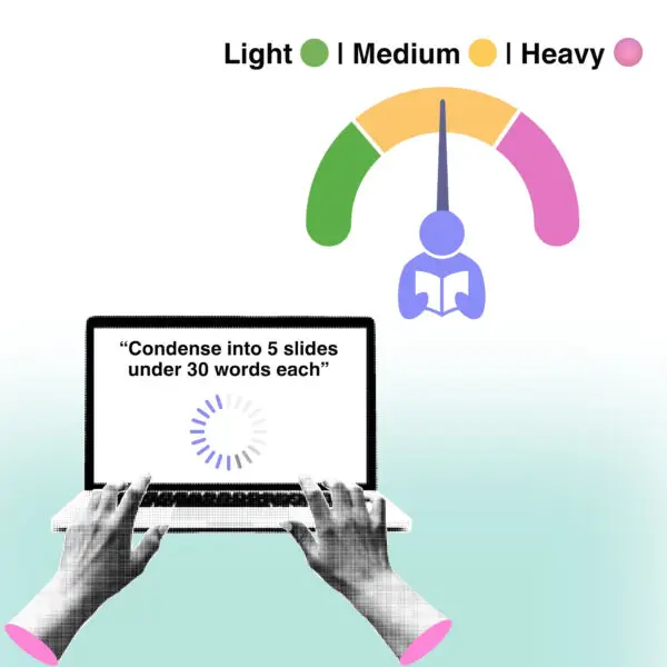 Visual representation of AI density control for generating PowerPoint slides, showing Light, Medium, and Heavy options with a prompt on a laptop screen.